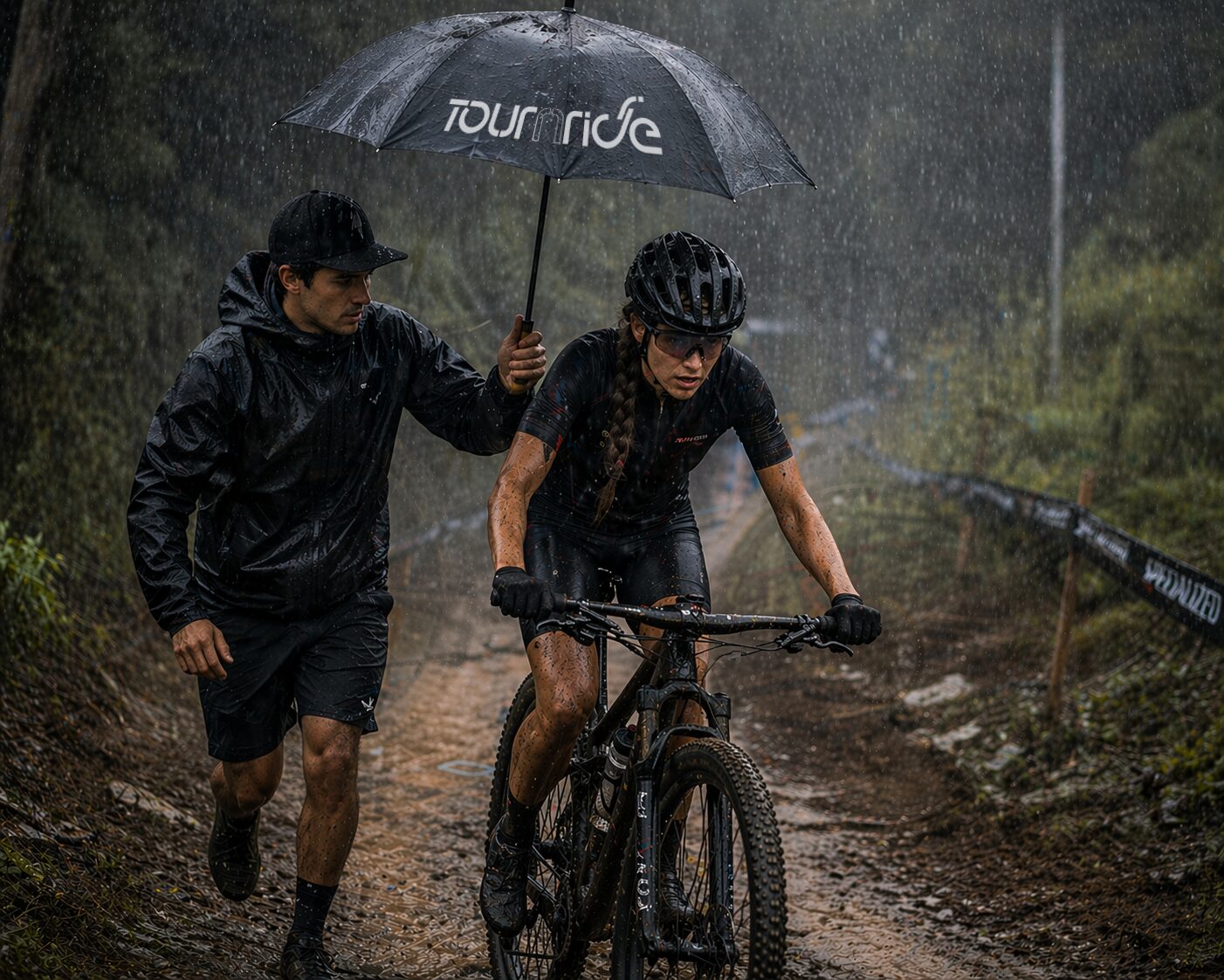 Tournride Support Staff Assisting A Cyclist In The Rain — Tournride Full Assistance On The Camino De Santiago
